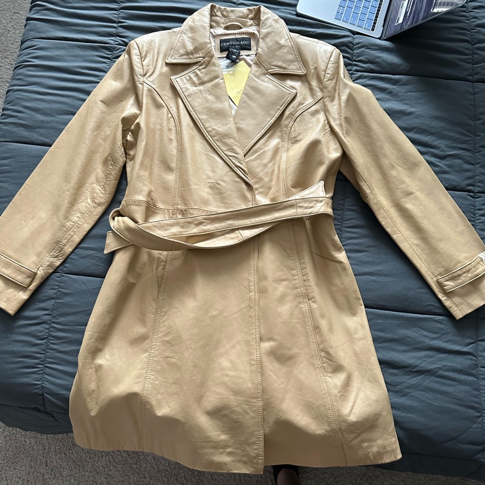 Leather Trench Coat, Centigrade, Women’s XL, Tan/Cream, BRAND NEW